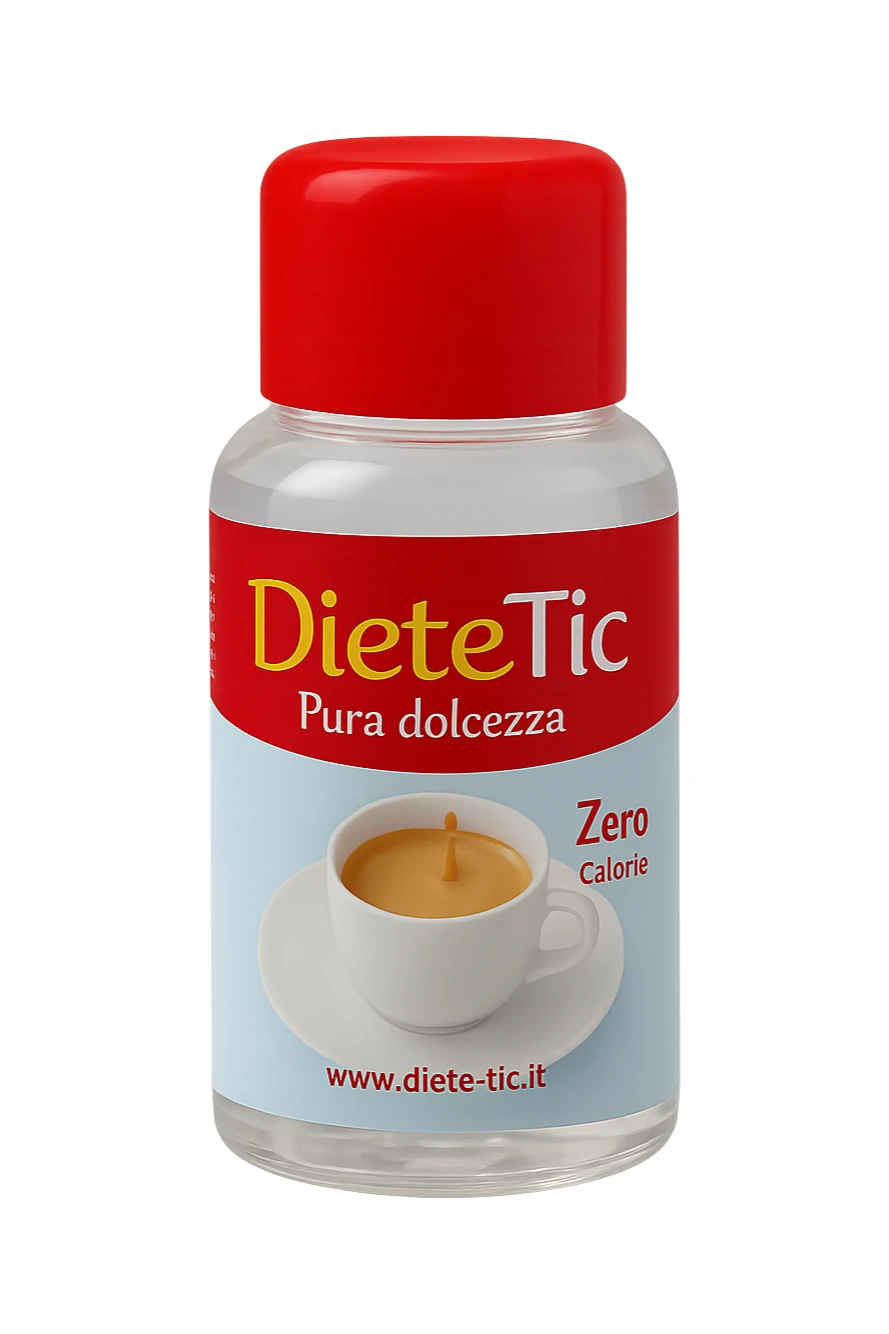 BOCCETTA DI DOLCIFICANTE LIQUIDO CON LA SCRITTA "DIETE-TIC" SULL'ETICHETTA FLUTTUA IN ARIA sticker