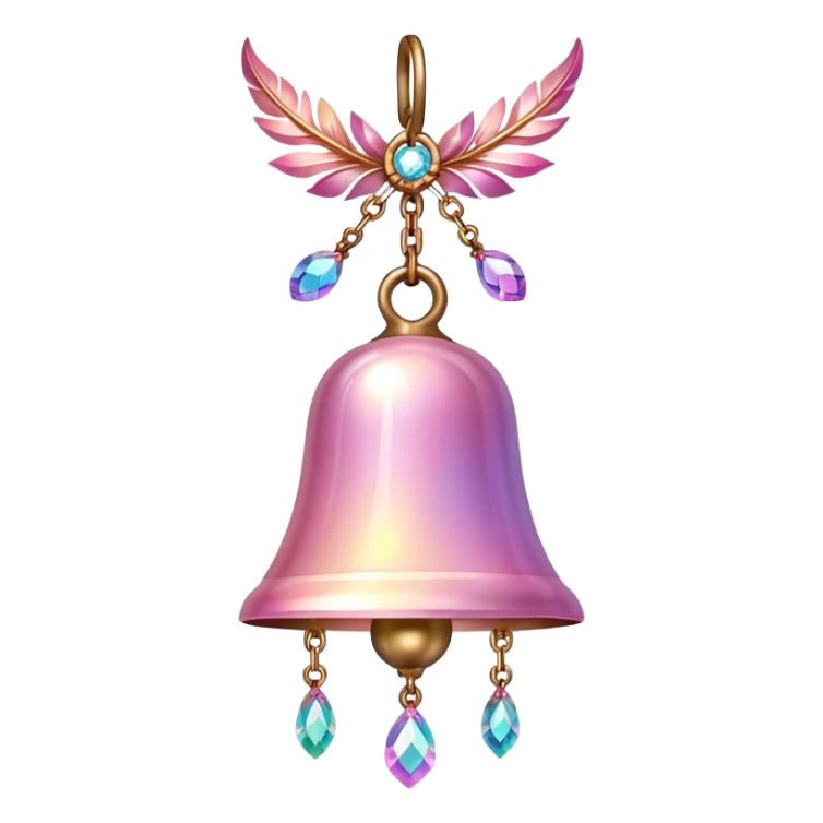 PInk iridescent Bell with chained hanging crystals and feathers sticker