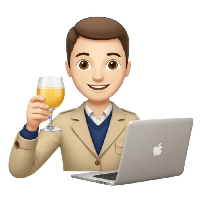 A friendly freelance character (male or neutral) working on a laptop while holding a glass of pastis/ricard (yellow drink with ice and lemon). The character should have a simple smiling face (no glasses), and should look energetic and creative. sticker