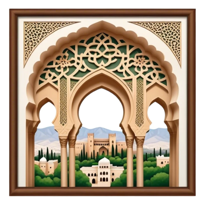 Realistic Alhambra de Granada Landmark Emoji, showcasing the Moorish palace’s intricate arches, geometric patterns, and historic fortress walls. sticker
