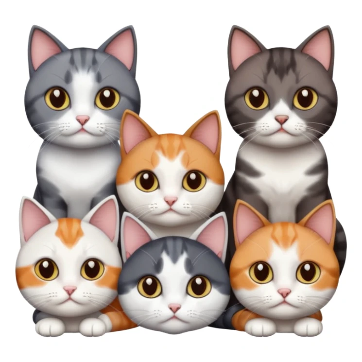 4 different coloured short haired cats including; a dark brown and white cat, and a dark grey and white, and a calico sticker
