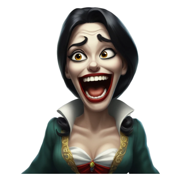 Laughing Jasmine vampire lunatic in Uncle Scrooge style, oil paint, mysterious eyes, intricate lips, masterpiece pose, odd perspective, beautiful, desirable, logical sticker