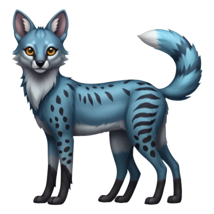 Realistic patterned marked edgy cute cool bluish greyish blackish whitish silvery coppery Shiny Colorful Dusky Dark Gloomy Glossy Maned-Wolf-Genet-Caracal-Lion-Bobcat-fusion-animal-hybrid-creature, full body, tufted ears, long thin tufted tail sticker