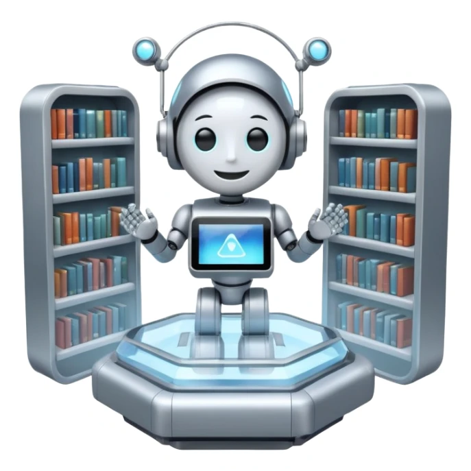 “A futuristic library floating in the clouds, filled with glowing books and holographic screens, with a friendly robot librarian.” sticker