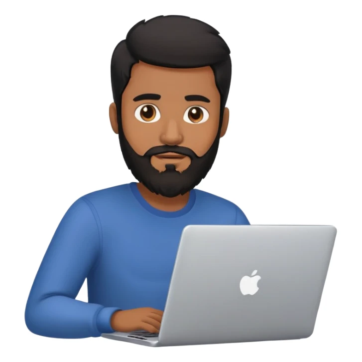 Brown skinned guy with beard and black hair with a laptop sticker