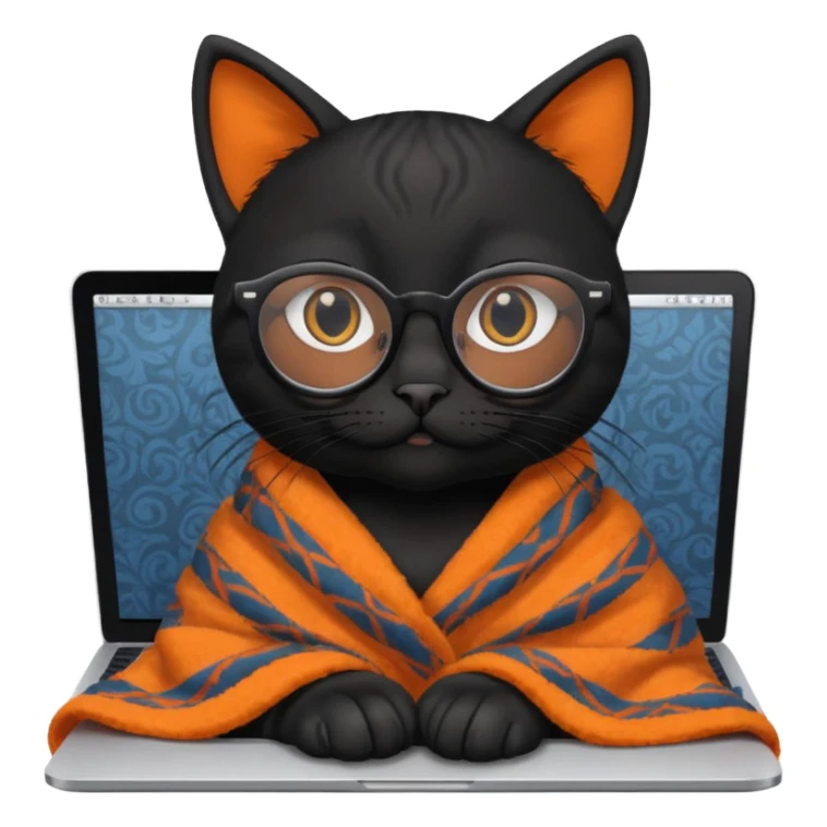 A black female cat working on a MacBook, with long, black straight lashes, round glasses and she wears a blanket with an orange pattern sticker