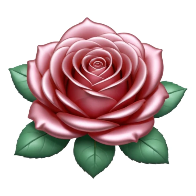 A rose emoji made of liquid silver metal, smooth metallic petals, reflective chrome surface, soft gradients, elegant shape, minimalistic iOS emoji style, centered, clean white background, realistic highlights, no text sticker