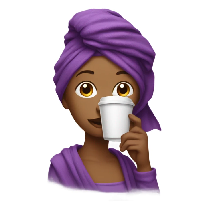 beautiful girl with a purple towel on her head drinks coffee sticker