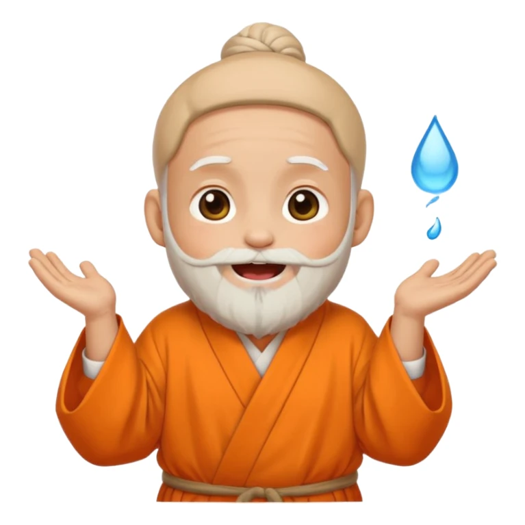 Chibi Aacharya emoji, white beard and bun, orange robe, laughing with tears of joy, cute sticker style, transparent background, PNG sticker
