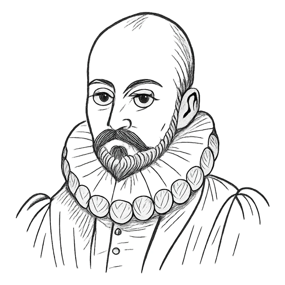 a hand drawn black outline portrait of philosopher Montaigne with similar-sized eyes based a famous portrait of him sticker