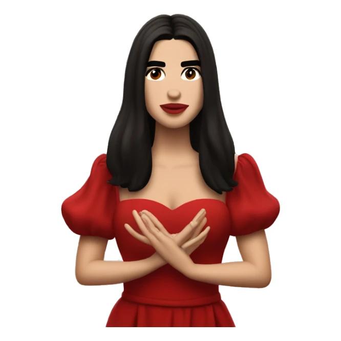 Dua Lipa with dark hair and a red dress while singing sticker