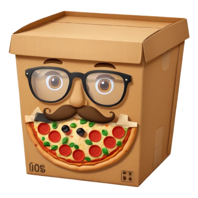 pizza take-out carton with glassess and mustache sticker