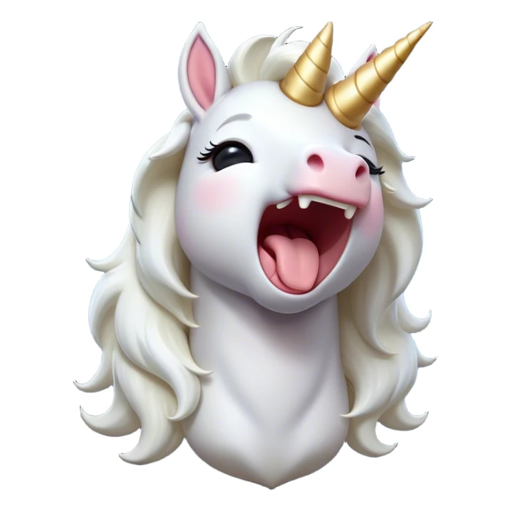 Cinematic Cute Yawning White Unicorn Portrait Emoji, Head tilted slightly with a dramatic, wide-open yawn, showcasing a softly elegant form with a gently cascading mane, a subtly glowing horn and sleepy, half-closed eyes, Simplified yet irresistibly adorable features, highly detailed, glowing with a soft, cozy magical glow, high shine, relaxed yet expressive, stylized with a dash of whimsical enchantment, soft glowing outline, capturing the essence of a drowsy yet affectionate white unicorn that appears ready to stretch and yawn its way out of the screen! sticker