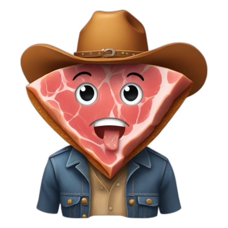 piece of ham that is dressed as a cowboy with a sadface sticker