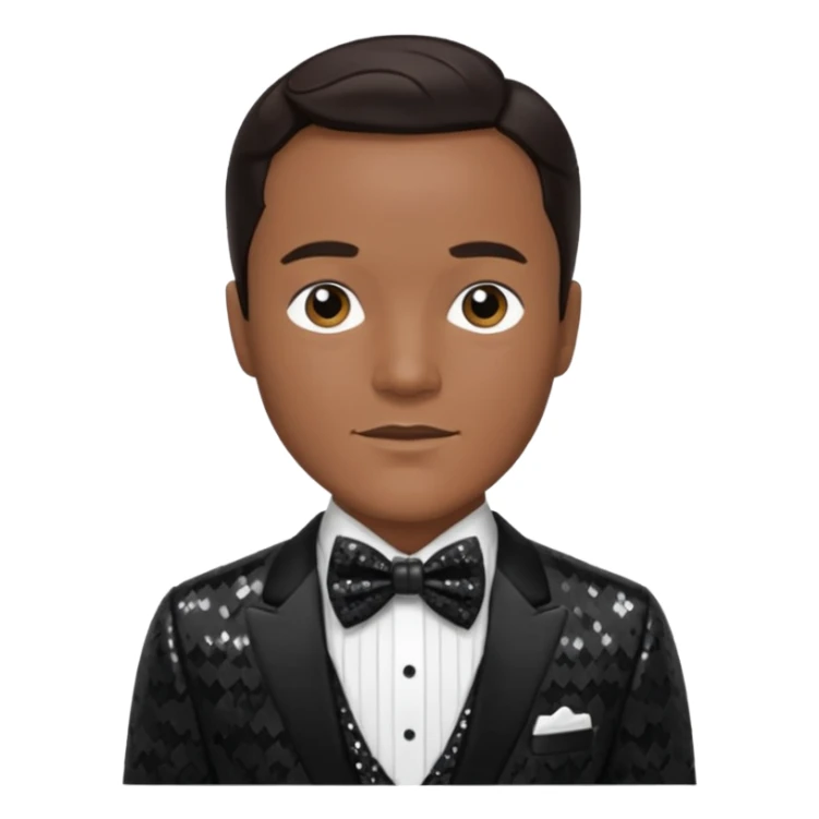 Gene Kelly with dark brown hair, black sequin suit with bow tie sticker