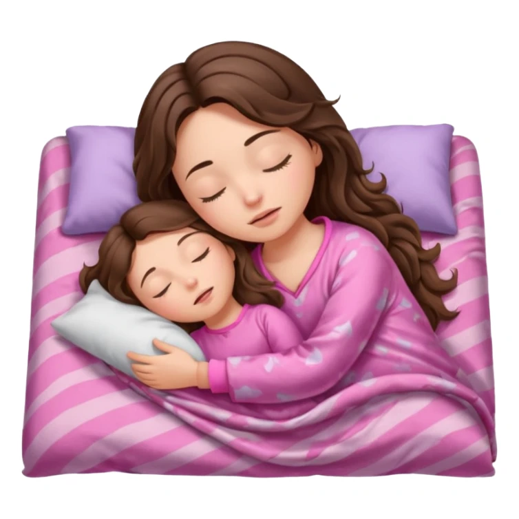 girl brunette inside a blanket sleeping  eyes closed with long  brown wavy hair and pink pjs sticker