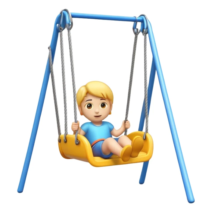 iOS-style 3D emoji: a colorful plastic child swing with a safety bar in front, hanging from two ropes, glossy surface and soft shadows sticker