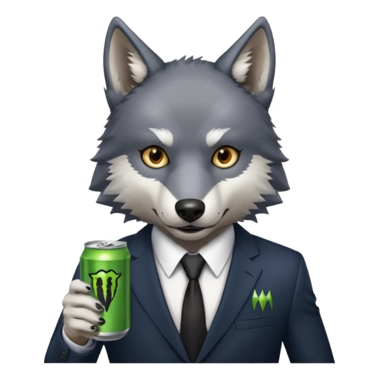 wolf in business suit, holding one monster energy can, with brown eyes  sticker