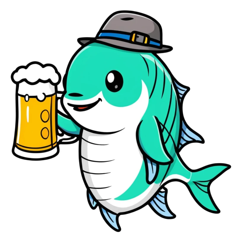 fish holding a beer and wearing a hat sticker