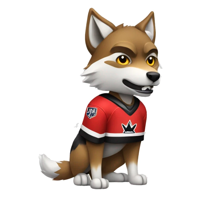 A wolf in a red black and white hockey uniform with a wolf emblem sticker