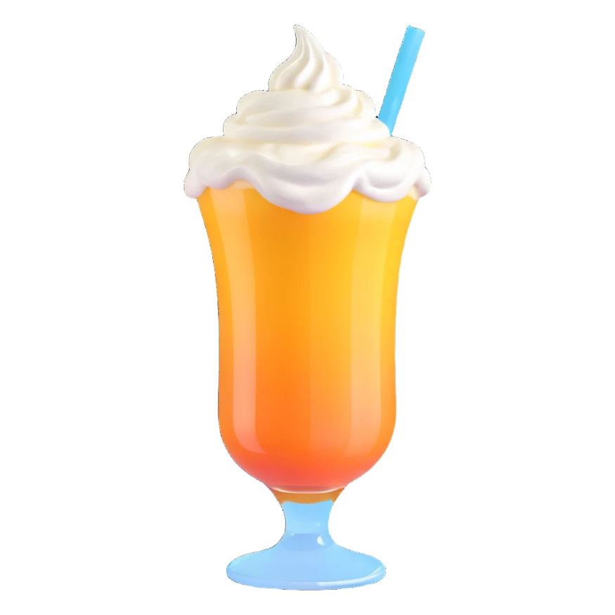 a transparent glass with mango juice gradient from dark to light and whipped cream, 3D style sticker