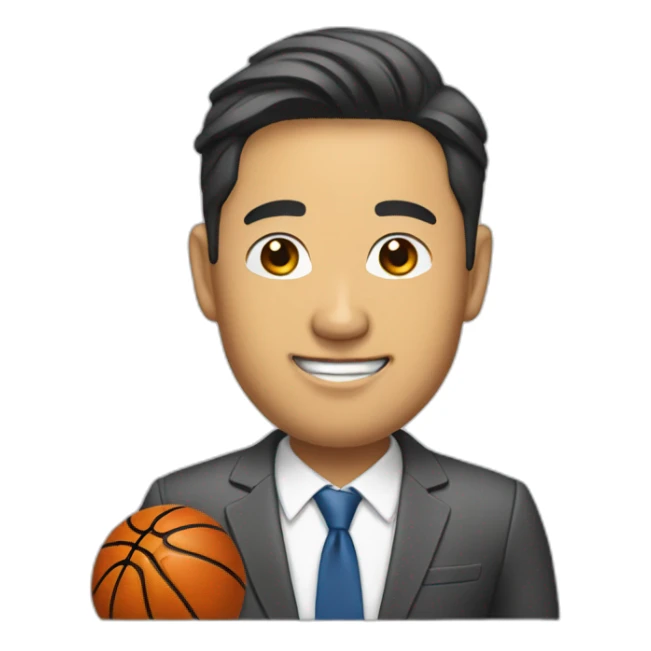 asian man in a suit holding a basketball shoe sticker