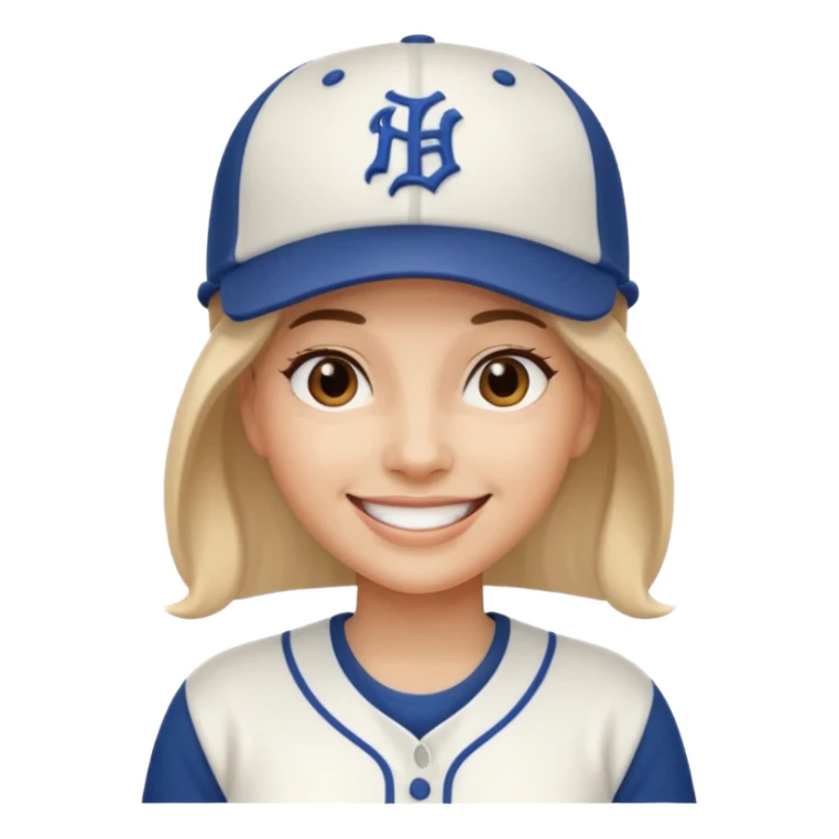 woman with white jersey and baseball hat sticker