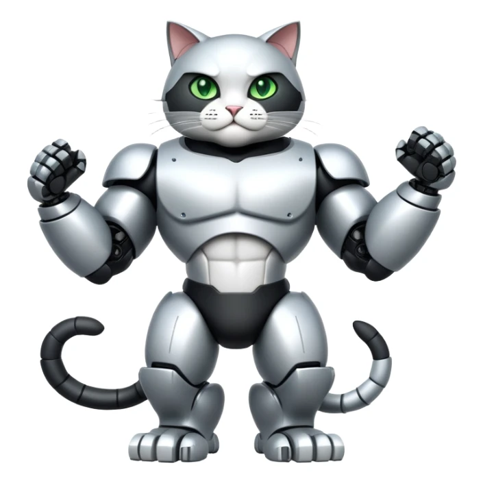 Robot Buff Jacked up Huge jumbo Super Duper Muscular Cat with a 10 pack full body black and white tuxedo colored body and green eyes and abs sticker