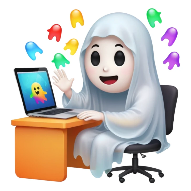 A cute ghost sits in front of a desk and is designing it with a laptop. see a laptop screen, and there is a photoshop screen on the screen. On the ghost surface, many shapes are leaving. sticker