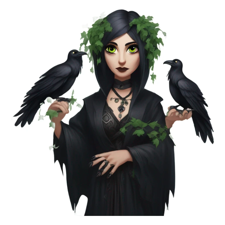 the morrigan goth woman version vines style furr robe stylish boots, perfect eyes, raven on hand, green vines decor on ground sticker