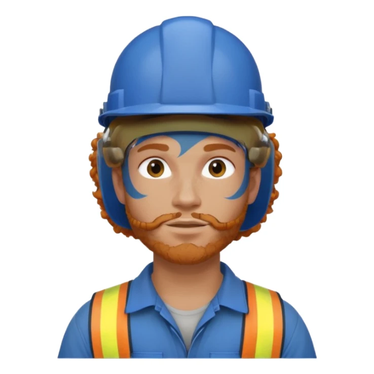 construction worker man ginger curly hair, blue helmet, heavy face tattoo sticker