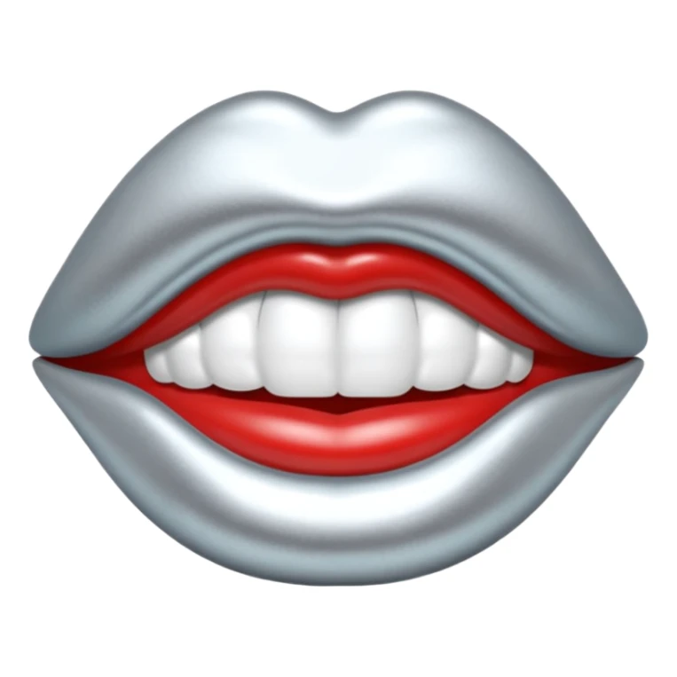 Chrome silver lips emoji, glossy metallic texture, iOS emoji style, smooth reflections, bold but minimal design, centered, silver mouth. all silver sticker