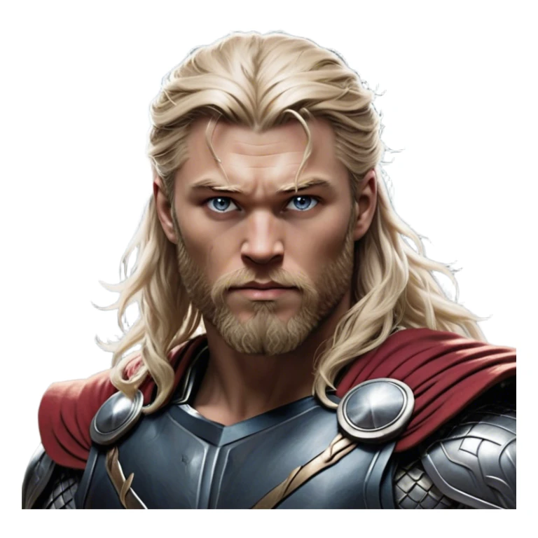 Cinematic Realistic Thor Portrait, depicted with lifelike skin texture and a commanding, muscular build that radiates divine strength. His piercing eyes, framed by rugged, flowing hair and a well-groomed beard, exude both determination and amiable authority. Clad in his signature armor with subtle hints of mystical lightning, the portrait is rendered in dynamic natural lighting with a radiant, heroic glow. sticker
