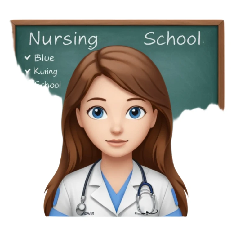 inside a classroom at university that says nursing school on the board with a pretty female nursing student with long brown hair, blue eyes sticker