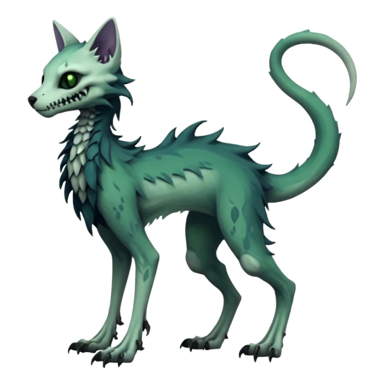 scaley Macabre spectral spooky dark bleak blackish swampy white-skeletal gloomy ghostly dark greyish dark-deep-greenish foggy eldritch beautiful realistic edgy fantasy ghoul-like zombie-like stitched feline-vernid-sergal-fursona animal creature with a tufted tail full body with intricate markings  sticker