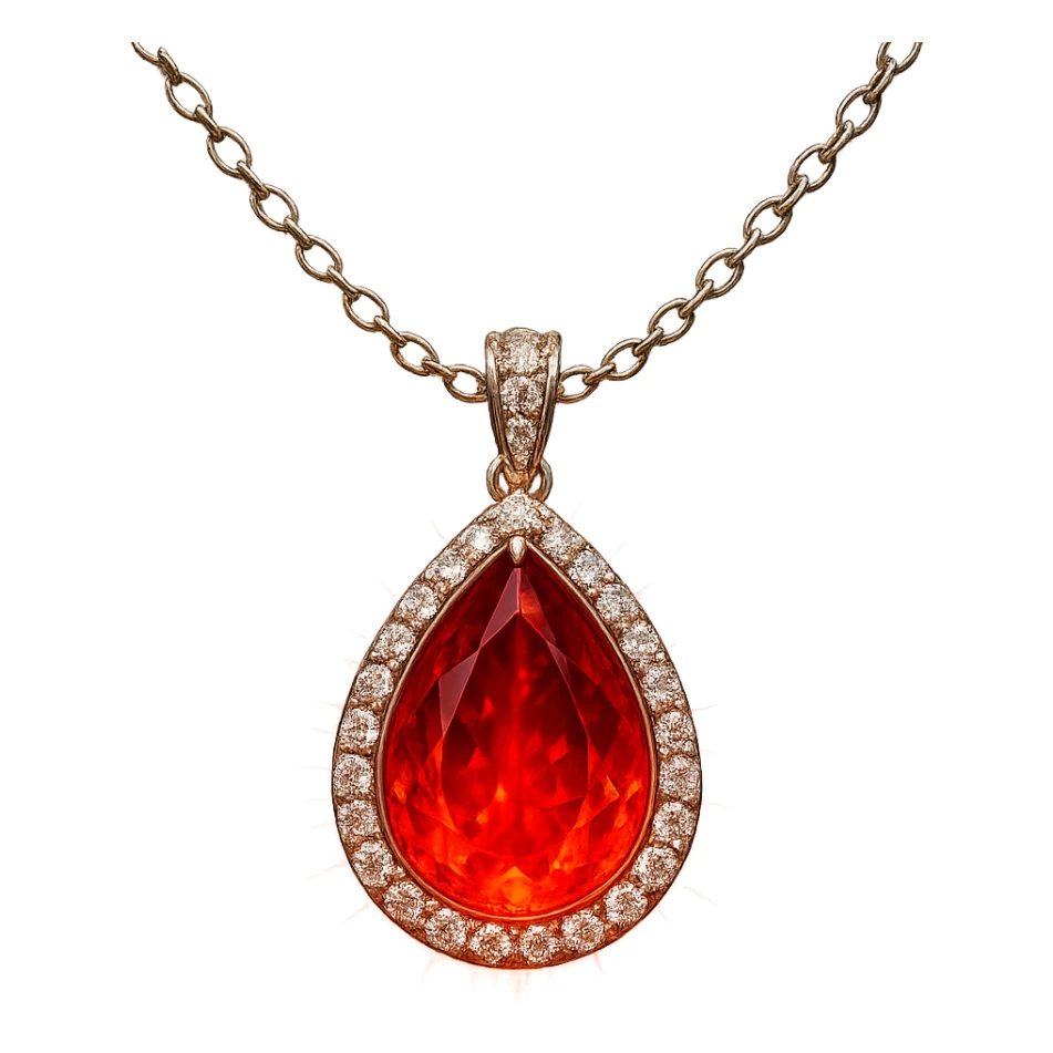 A teardrop-shaped ruby pendant cradled in a delicate silver chain, haloed by shimmering white stones, glowing with fiery red light sticker