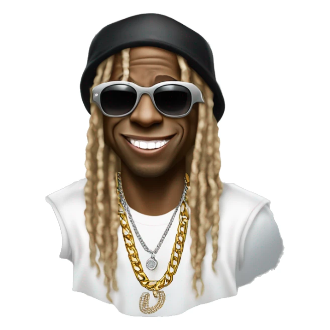 Iconic-style Candid Likeness Lil Wayne:

A laid-back icon with oversized shades, layered chains, tattoos, and a diamond-studded grill, often flashing a big, expressive smile. Cool, confident, and effortlessly stylish. a sticker