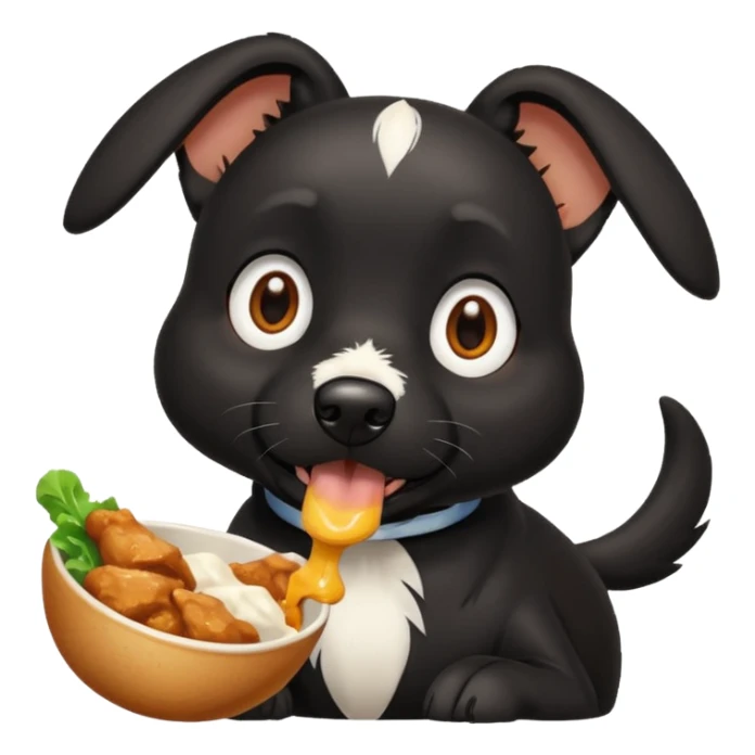 Can you create a black dog with a white stripe chasing it’s own tails and eating chicken sticker