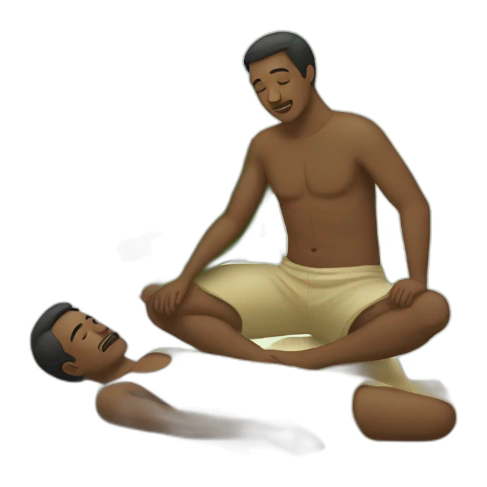 man is laying and someone fanning him with palm leaf sticker