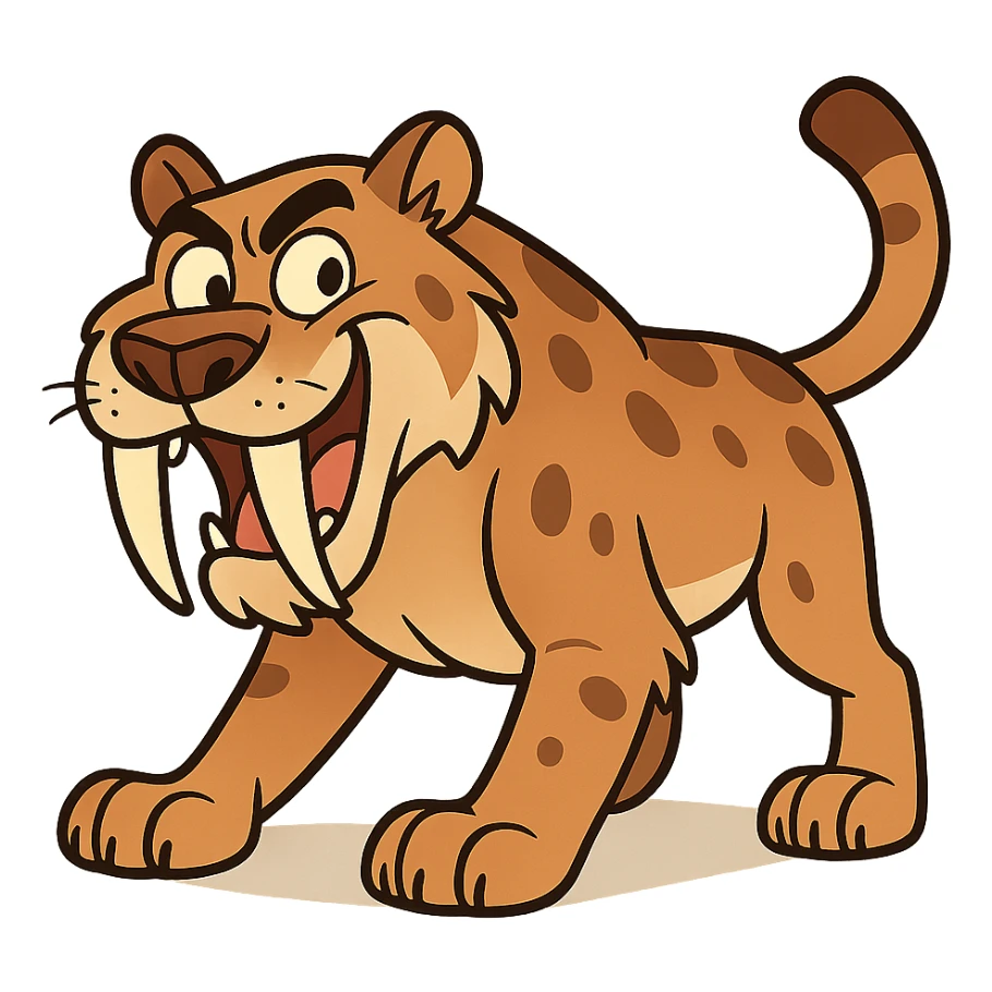 Smilodon sabretooth tiger, stylized cartoon, exaggerated fangs, playful pose sticker