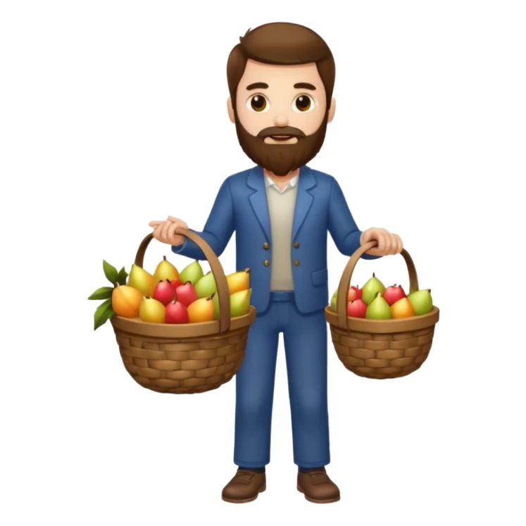 full body man long brown hair brown eyes medium beard white skin holding basket of strange glowing fruits sticker