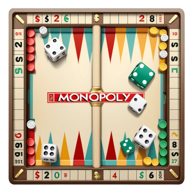 A photorealistic icon featuring a backgammon board with dice, a Monopoly board with money and property cards and a Game of Life spinner. The design captures the detailed textures of the boards, pieces, and accessories. Transparent background. sticker