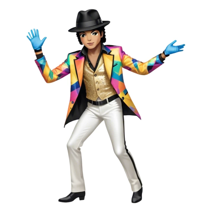 Icon for R&B Music: Michael Jackson in full body, wearing a bright, recognizable costume—sparkling jacket, black fedora, and signature glove. He is in a dynamic, energetic pose, with musical notes and abstract patterns surrounding him. Transparent background. sticker