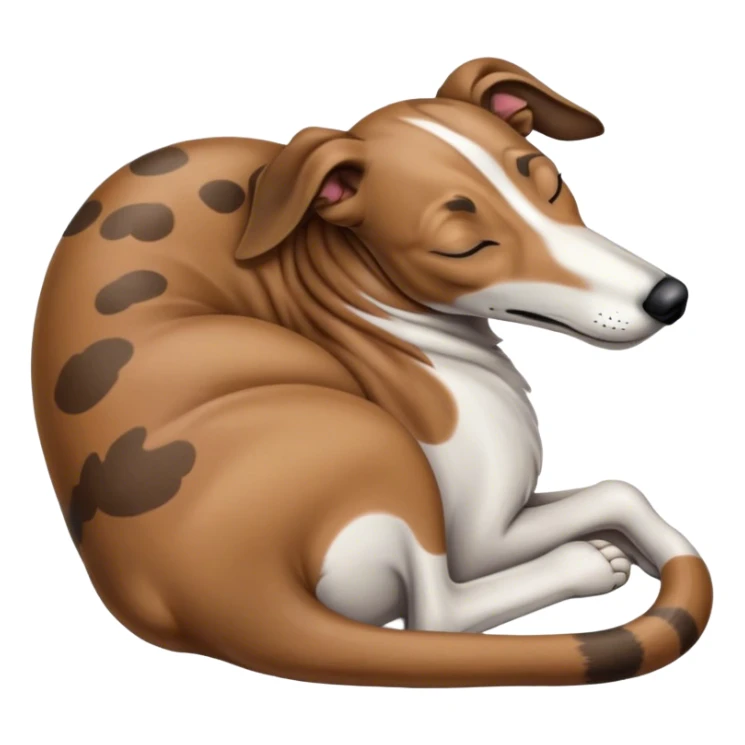 Meme-Worthy Cute Sleeping Brindle Greyhound Portrait Emoji, Head resting peacefully with a contented smile, showcasing a slender build and a luxuriously smooth brindle Fur, eyes shut in a serene nap, Simplified yet hilariously adorable features, highly detailed, glowing with a soft, drowsy light, high shine, relaxed and utterly lovable, stylized with an air of playful laziness, bright and heartwarming, soft glowing outline, capturing the essence of a comically sleepy racer, so meme-worthy it feels like it could instantly become the next viral sensation of adorable slumber! sticker