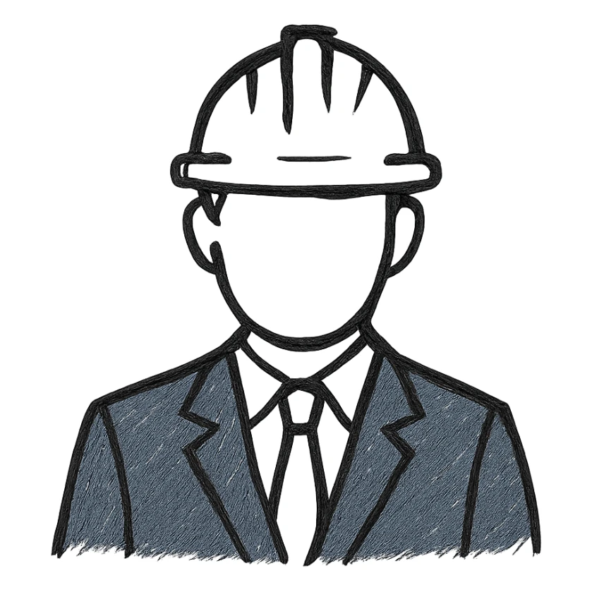a man in a strict dark blue suit, wearing a white construction helmet on his head sticker