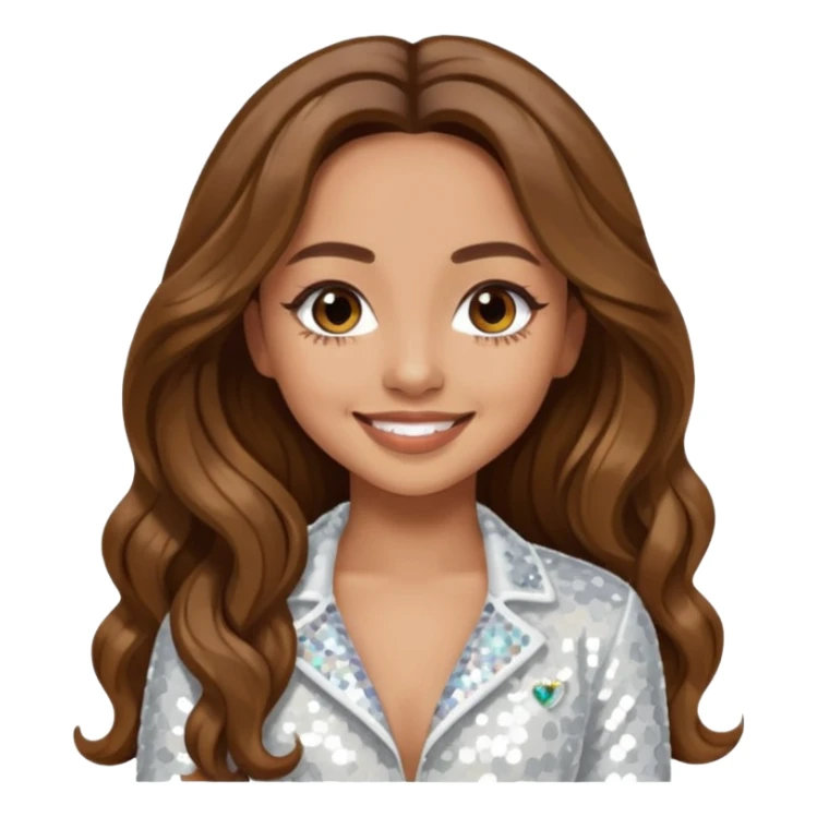 Jade Thirlwall from Little Mix with long brown hair, white sequin outfit sticker