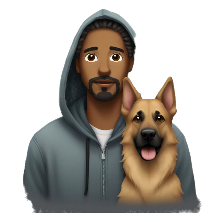 man with dreadlocks, mustache and goatee dressed in a hoodie alongside a brindle colored german shepherd dog sticker
