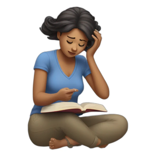 Confused woman scratching hair on head while reading a book sticker