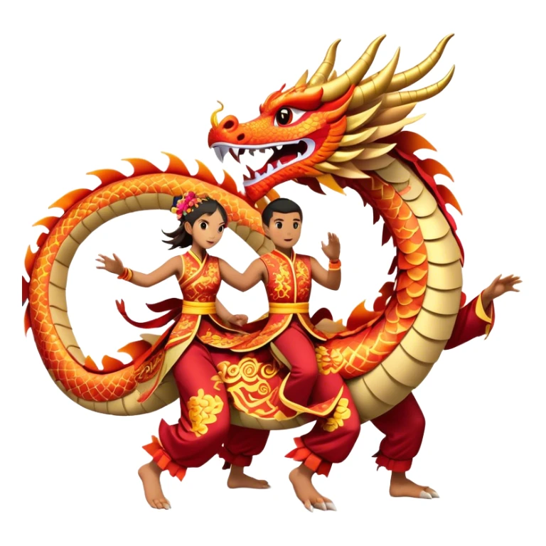 Cinematic Realistic scene of two performers guiding an elaborately designed dragon costume during a Dragon Dance, with vivid traditional patterns and dynamic motion, set under festive, red-tinged lighting sticker