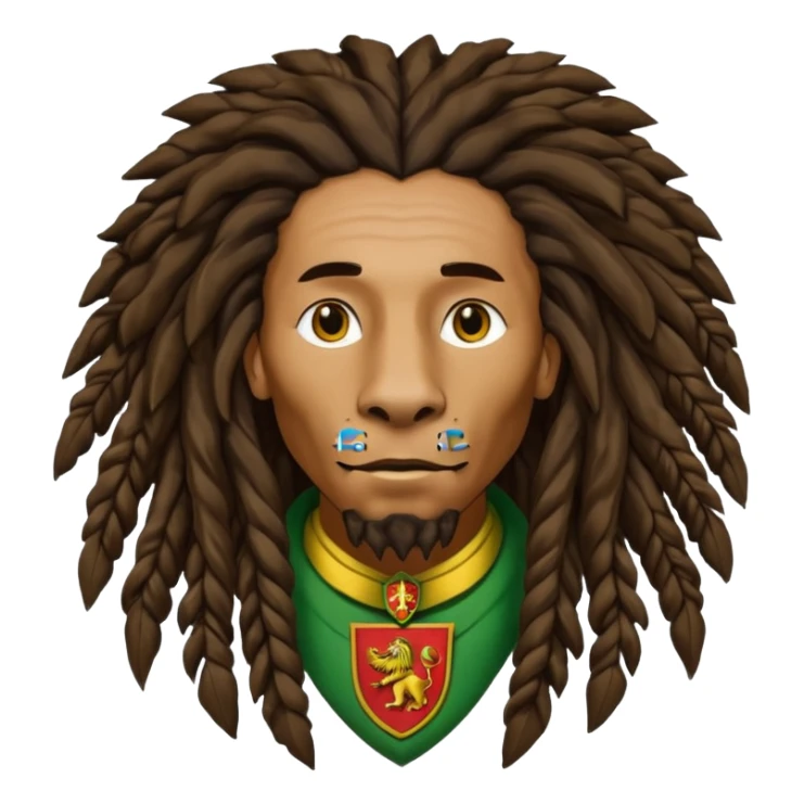 melancholic  Bob Marley with gigantic dread locks in form heraldic crest with ethiopian lion sticker
